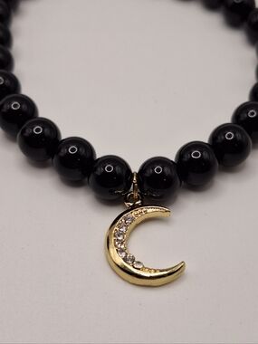 Madison Tyler Black Beaded Bracelet Crescent Moon Gold Charm Celestial Stretch